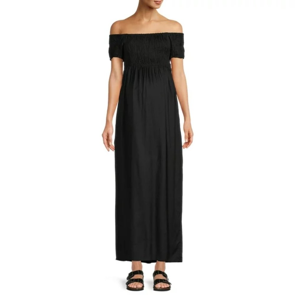 Times two Black Maternity Off- shoulder smocked Maxi Dress/NWT/Large